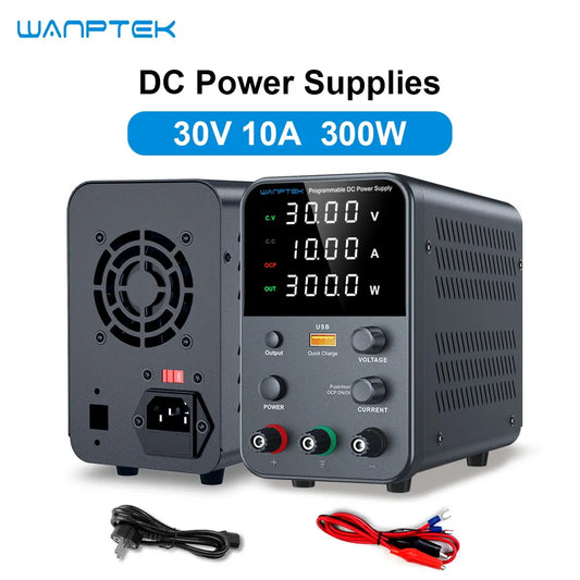 Adjustable DC power supply with 4-digit LED display, 5V/3.6A USB fast charging with encoder adjustment, output enable/disable